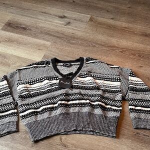 Marled Black and White Striped V-Neck Sweater Large - wide sleeves super soft